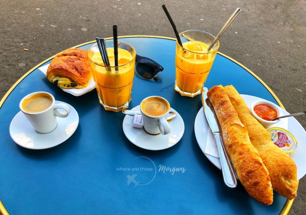 Typical Parisian breakfast with coffee and croissants