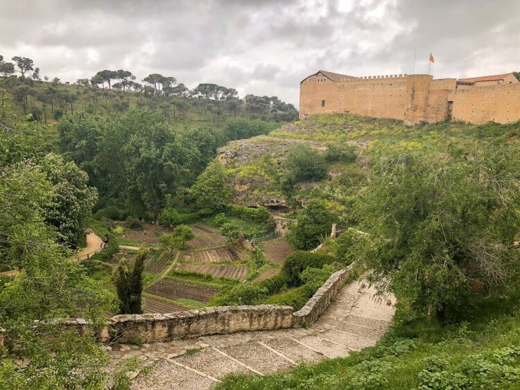 Countryside view of city walls with alcazar in background