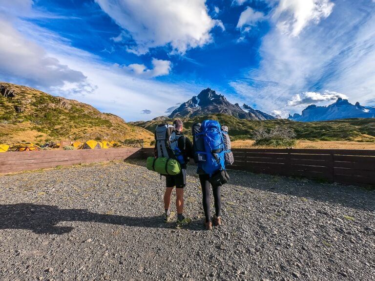 W trek in patagonia chile mark and kristen with backpacks on