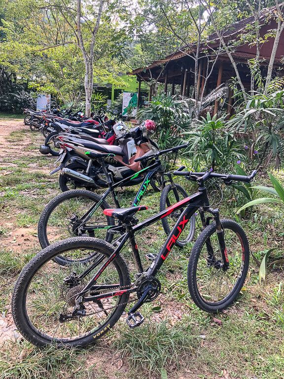 Two mountain bikes and scooters parked in the Phong Nha botanic garden lot
