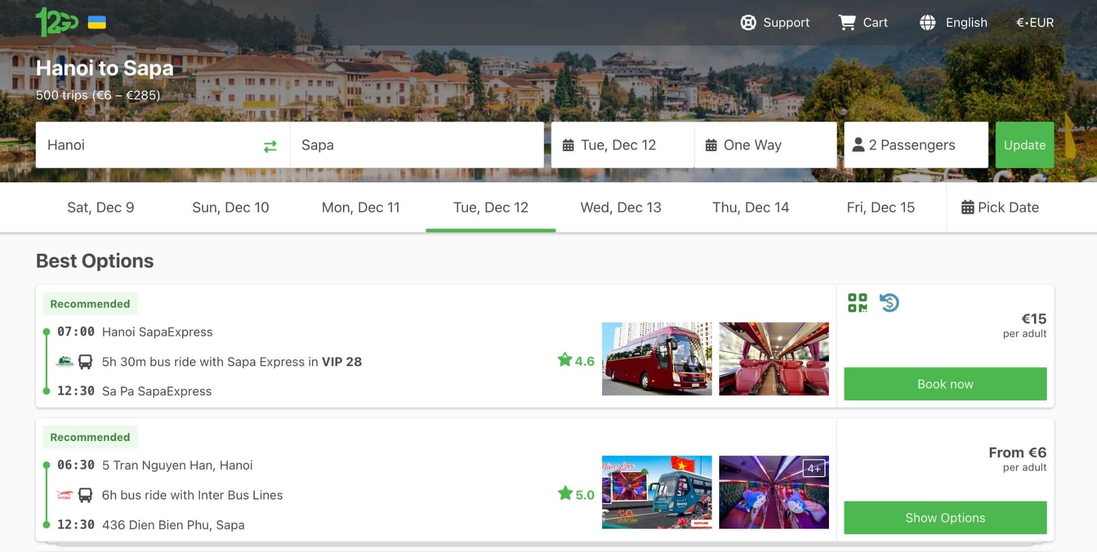 Sleeper bus options from Hanoi to Sapa with 12Go Asia
