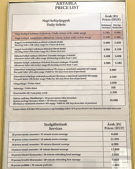 Szechenyi baths prices