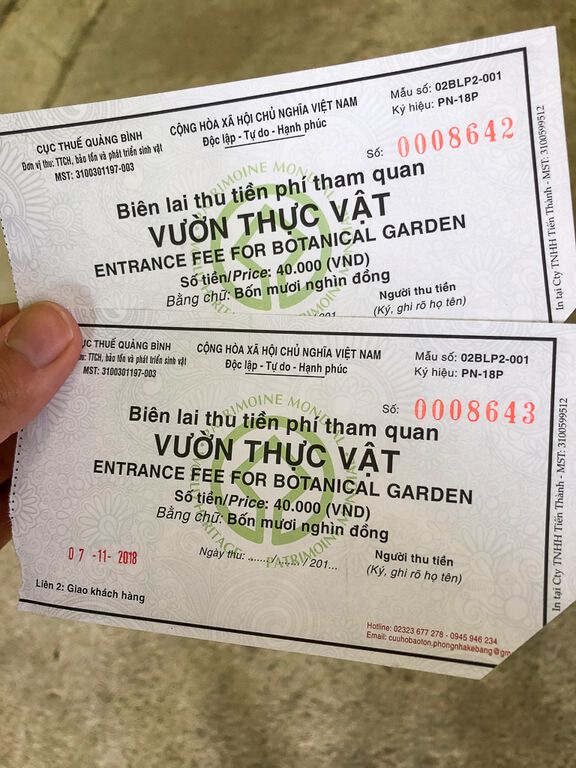 Entrance tickets to Phong Nha botanic gardens