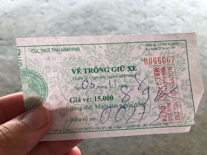 parking ticket Trang An boat tour 15,000 vnd