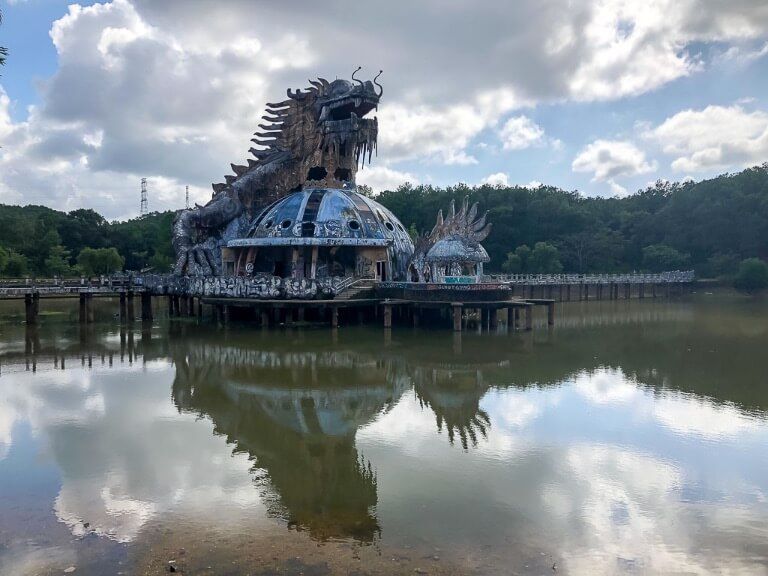 three storied dragon building at abandoned water park hue