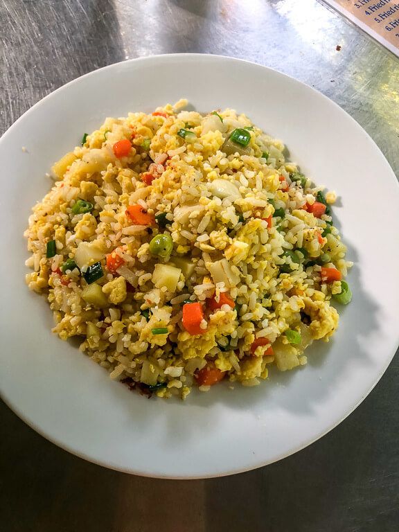 A plate of rice and vegetables at the Phong Nha botanic gardens