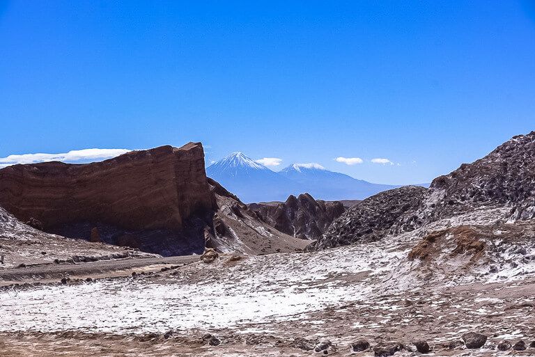 high salt concentration on rocks with volcano in background valle de la luna