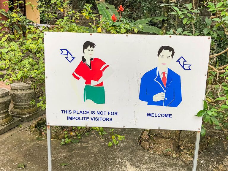 amusing sign showing impolite visitors to Bich Dong pagoda not welcome