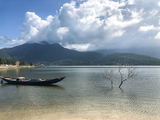 wooden boat and branches poking out of lake in Vietnam