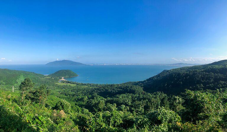 View of Da Nang city from the top of Hai Van Pass over the bay Vietnam