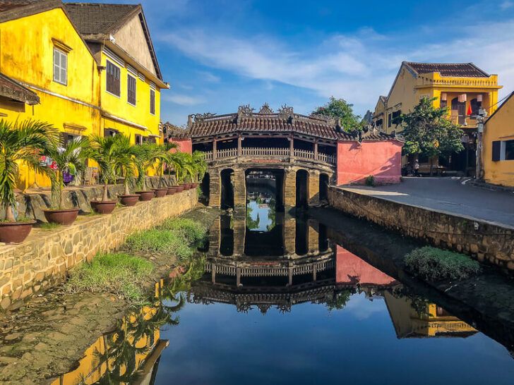 Beautiful Japanese bridge in Hoi An vietnam colors reflecting off water