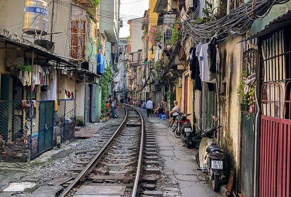 Hanoi Train Street empty track close to houses