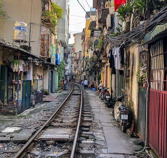 Hanoi Train Street empty track close to houses