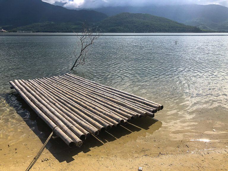 Wooden raft tied to beach and single tree branch in lake