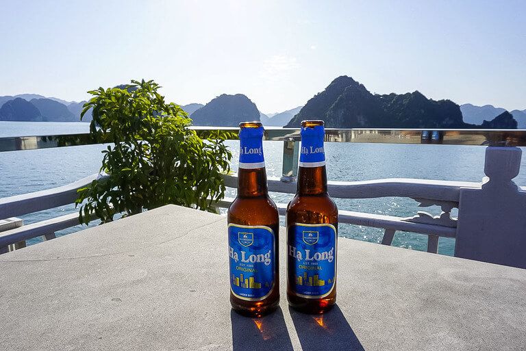 Halong beer on table of cheap cruise in the bay