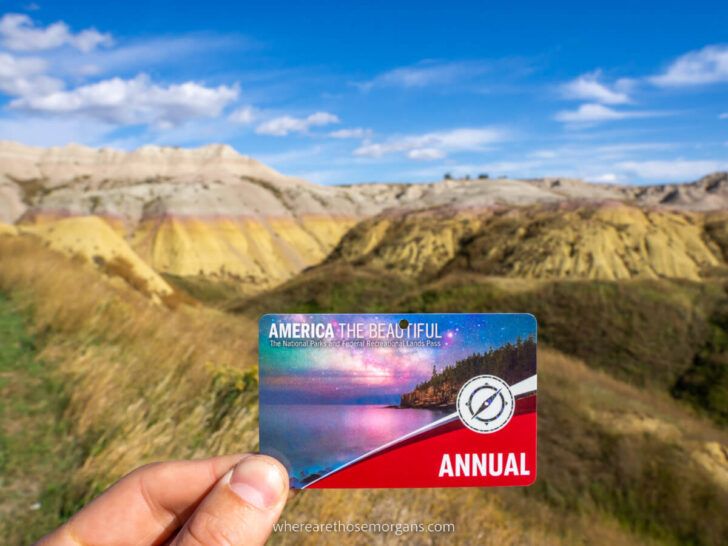Is the America the Beautiful National Park Pass worth it? Hand holding pass against yellow colored domes in Badlands National Park SD.