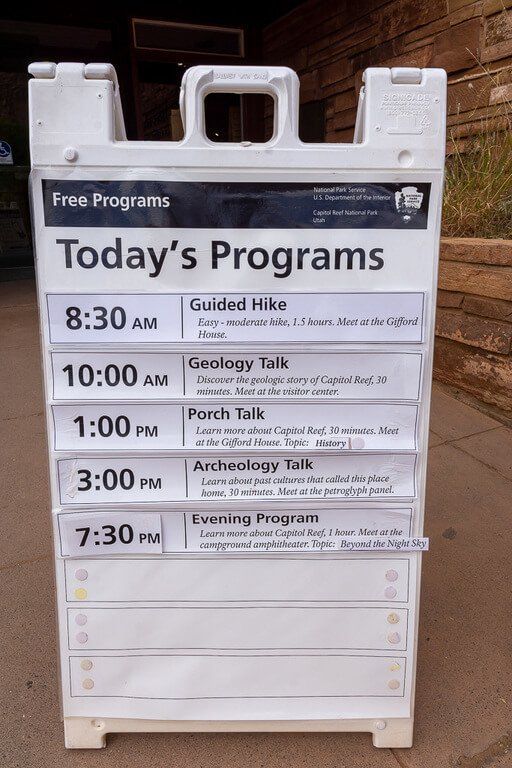 ranger led programs available at capitol reef on a notice board