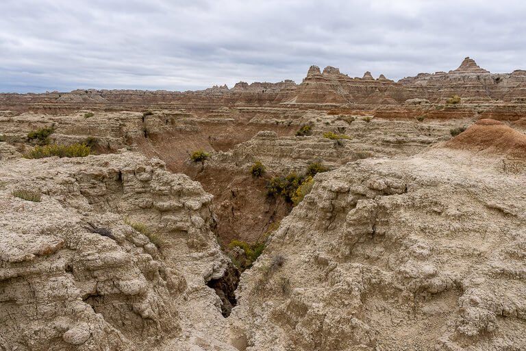 Sharp ravine gullies on door trail badlands