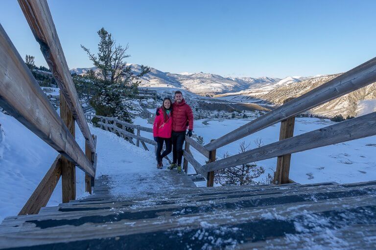 Mark and Kristen Mammoth Hot Springs in snow
