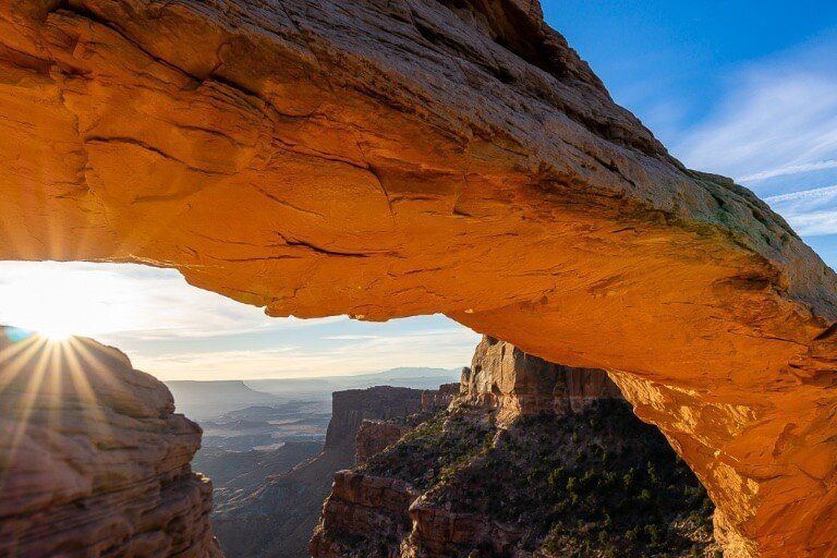 Mesa arch side perspective with awesome backdrop over Canyonlands national park Utah