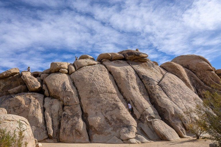 People rock climbing a huge cracked boulder at Joshua Tree National Park California