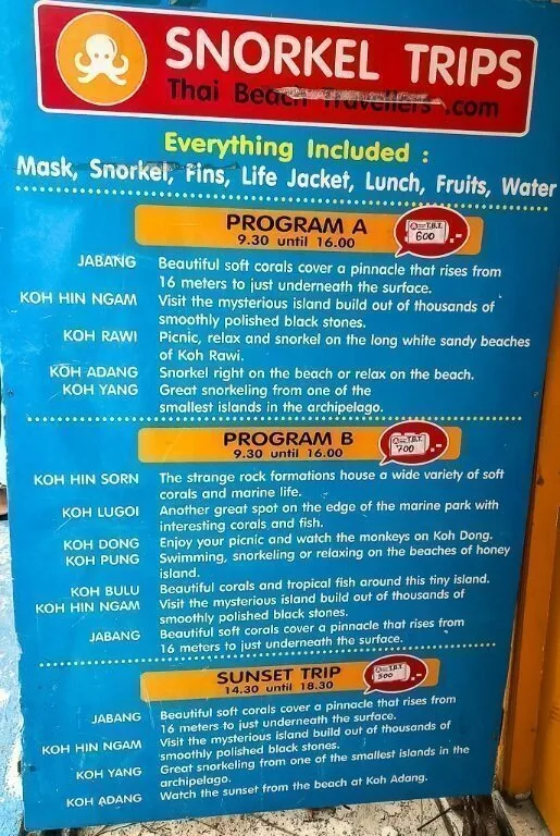 Snorkelling trips sign board for program 1 and program 2 on Koh Lipe itinerary