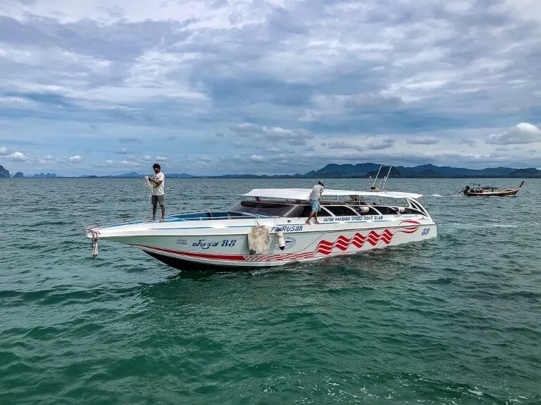 White speedboat at Pak Bara Pier Thailand