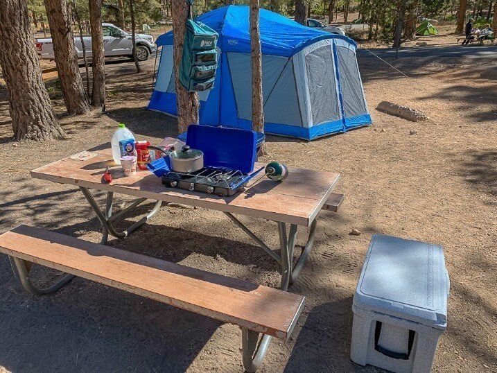 Sunset campground Bryce Canyon toolbox tent and cooking equipment road trip essentials