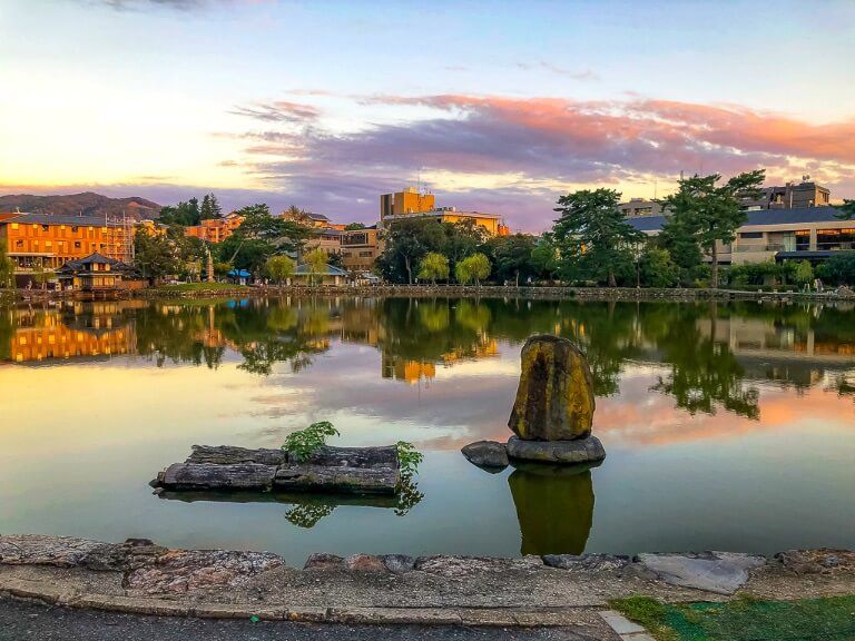 Beautiful lake with colorful clouds reflecting in Nara, Japan