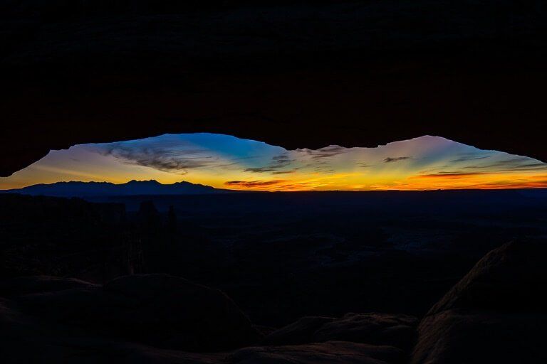Mesa Arch view of incredibly beautiful sky before sunrise Utah