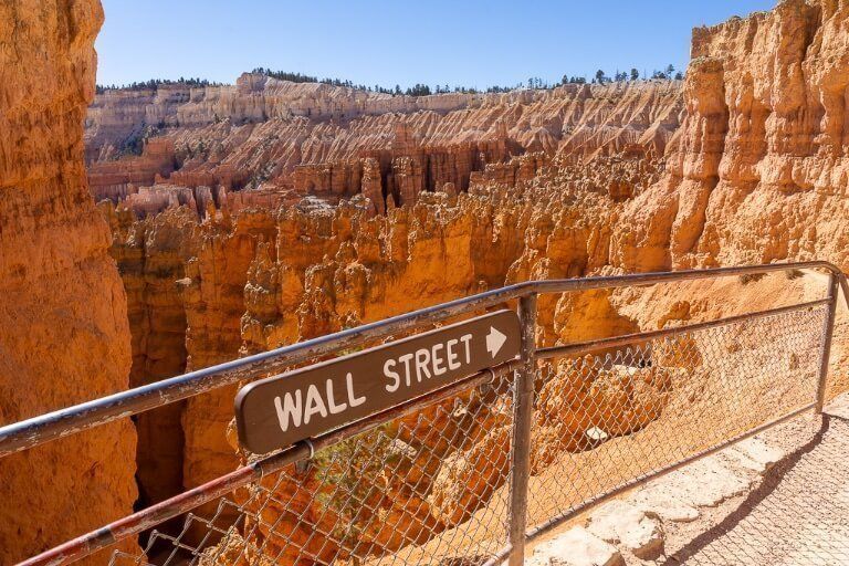 Wall Street sign post surrounded by hoodoo's in national park Utah
