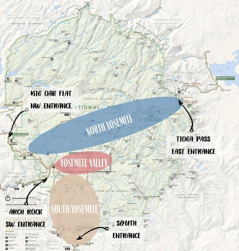 Yosemite National Park map North Valley and South regions with 4 main entrances to the park arch rock big oak flat Tioga Pass and south