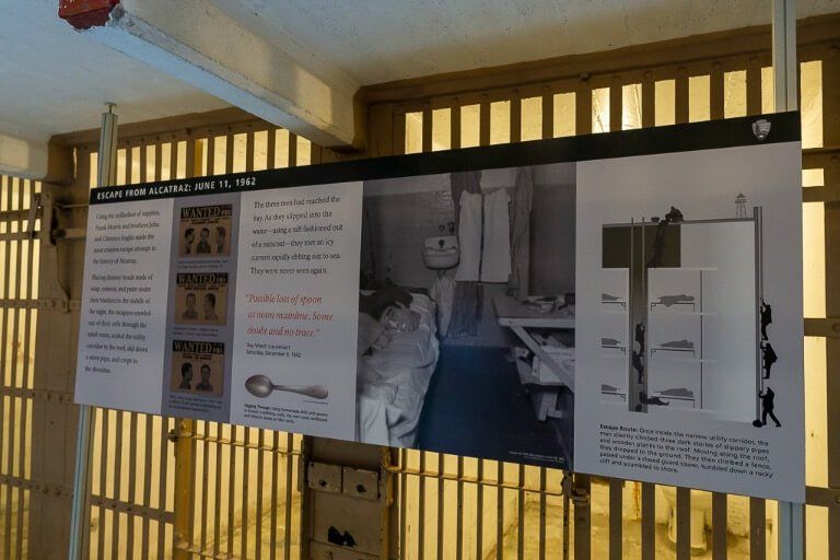 Information board in Alcatraz tour museum showing an escape attempt by inmates