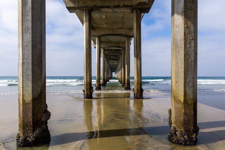 Ellen Browning Scripps Pier amazing perspective for photography down the tunnel beneath the pier San Diego itinerary