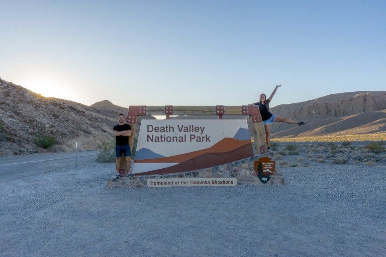 Mark and Kristen at Death Valley national park entrance sign California national park