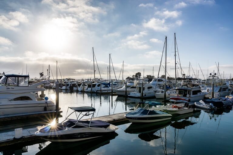 San Diego bay marine sun reflecting off speedboats and yachts