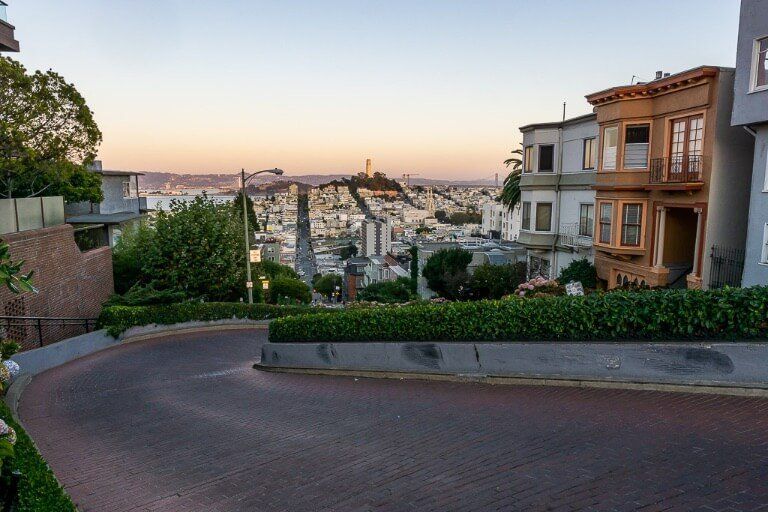 Lombard street from the top looking down at the first bend of 8 in San Francisco