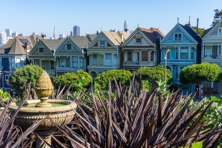 Painted ladies famous houses from full house tv show in San Francisco from behind plants and birdbath