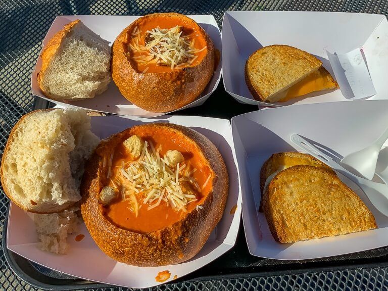 Tomato soup in sourdough bread from boudin San Francisco fisherman's wharf