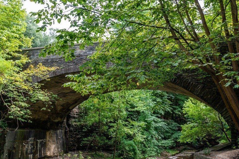 Bridge marking the turnaround point to access gorge trail from rim trail at buttermilk falls state park Ithaca ny