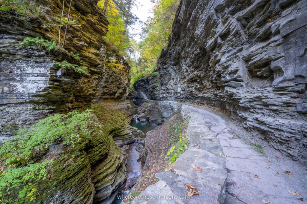 Frowning Cliff section of the Watkins Glen State Park Gorge Trail in new york narrow canyon walls