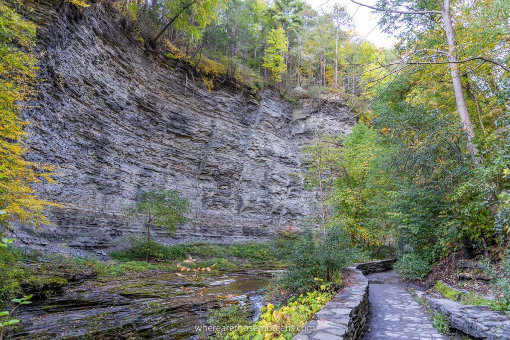 Glen Cathedral towering curving cliff in Watkins Glen State Park Gorge