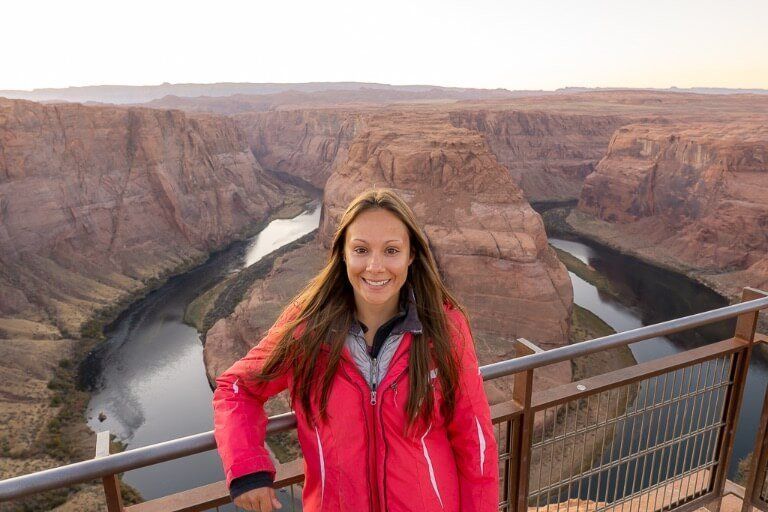 Kristen at Horseshoe Bend in November with jacket even after hike and in sunshine Arizona
