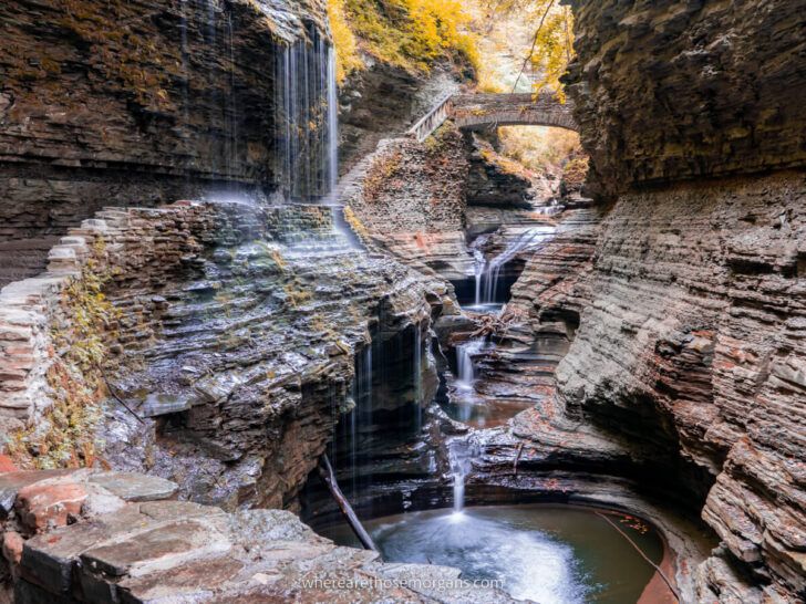 Beautiful Fall Foliage colors at Rainbow Falls in the spectacular Watkins Glen State Park Gorge Trail in the Finger Lakes of New York