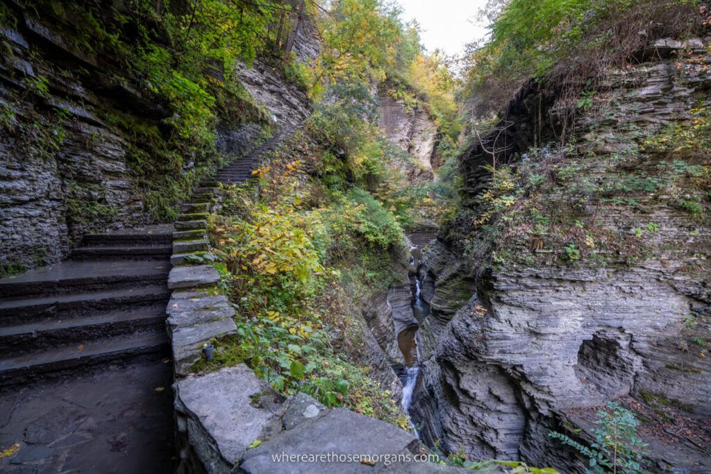 First view upstream in Watkins Glen Gorge Trail twisting stone staircase and narrow gorge with thin waterfall