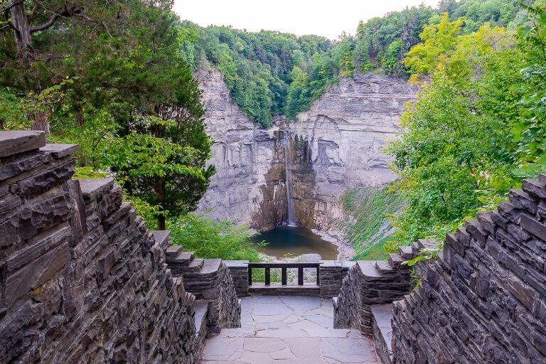 Stairs leading to the overlook with lust green foliage in summer