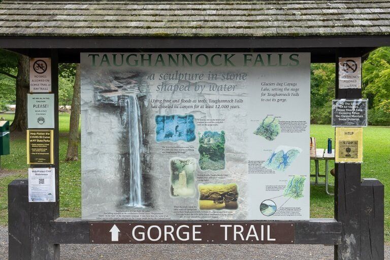 Gorge trail information board with notes about hiking and the area
