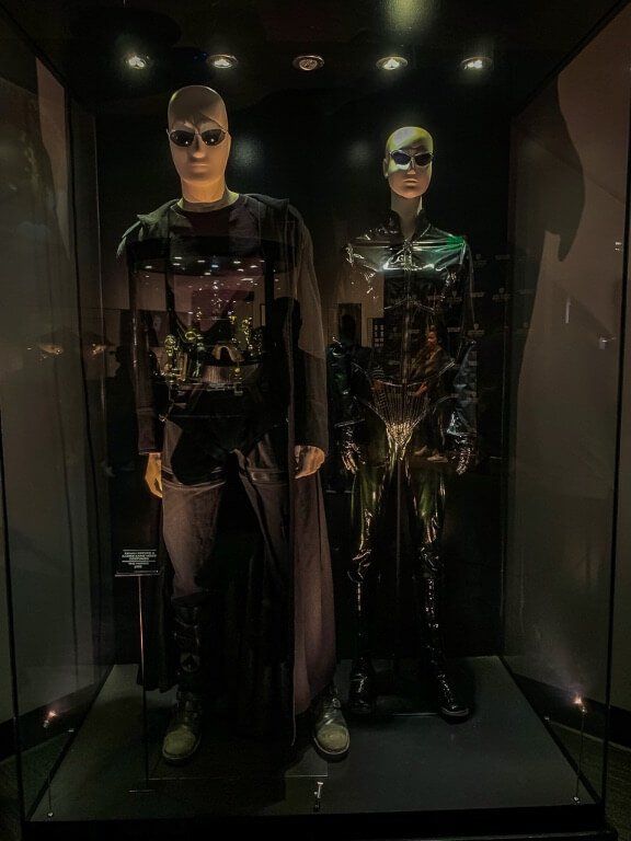 Costumes of Neo and Trinity from the Matrix on exhibit in Warner Bros studio tour Hollywood