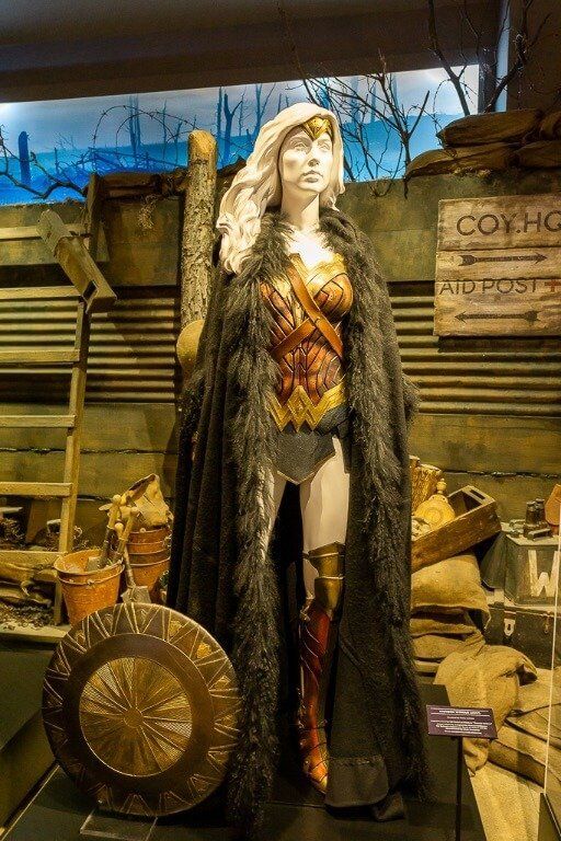 Costume of wonderwoman character on display at movie studio