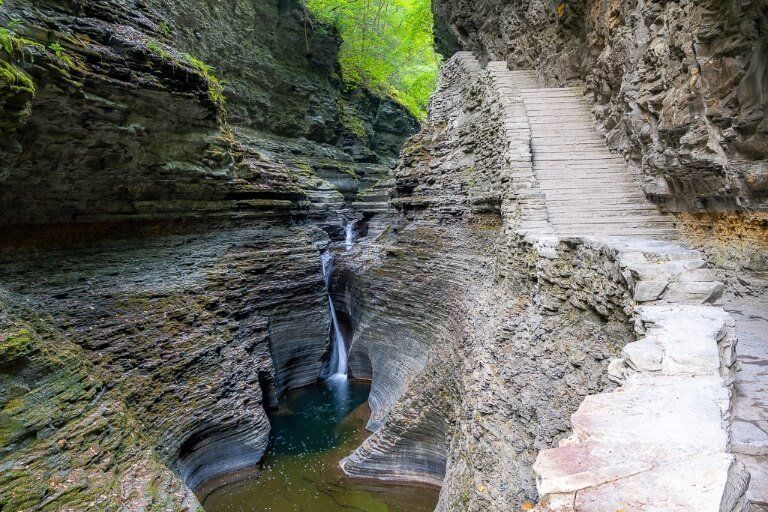 Stone steps and beautiful canyon ravine in finger lakes New York
